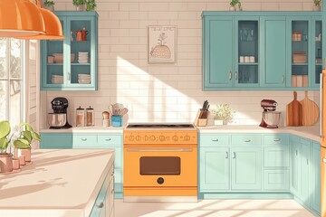Sunlit Kitchen Featuring Retro Appliances and Pastel Cabinets