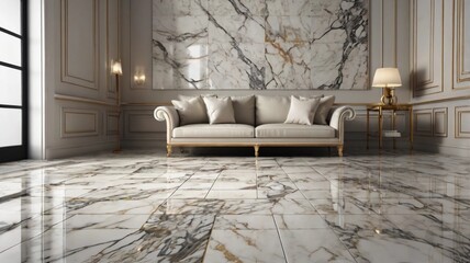 Tiles marble floor with white wall for backdrop