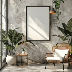Empty picture hangs on the wall. Template, mockup for poster, painting, placard or advertising in the interior. An empty frame surrounded by furniture and green plants in pots.	
