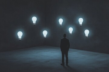 A person standing in a dark room with multiple glowing lightbulbs floating around them, each symbolizing a unique idea