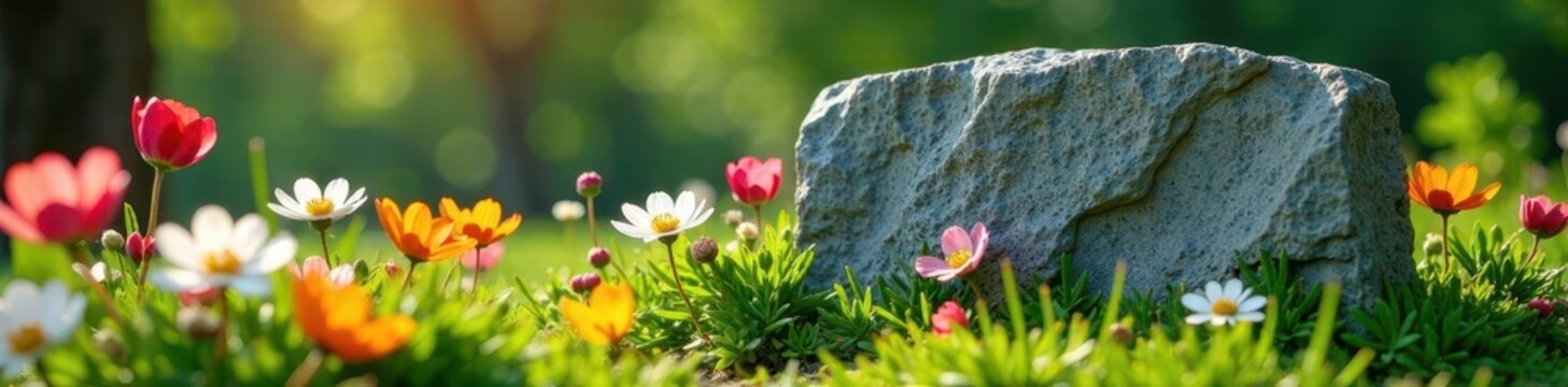 Ein Akupunkturmodell aus Stein mit Blumen und Gras umgeben , stein, gruen