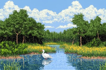 A pixel art ibis wading in a retro-style wetland, with blocky reeds and reflections in the water under a pixelated sky