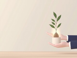 The goal of life is finding true fulfillment concept. A person holds a sprouting plant in a modern pot symbolizing growth.