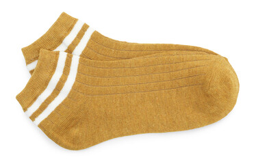 Pair of soft socks isolated on white, top view