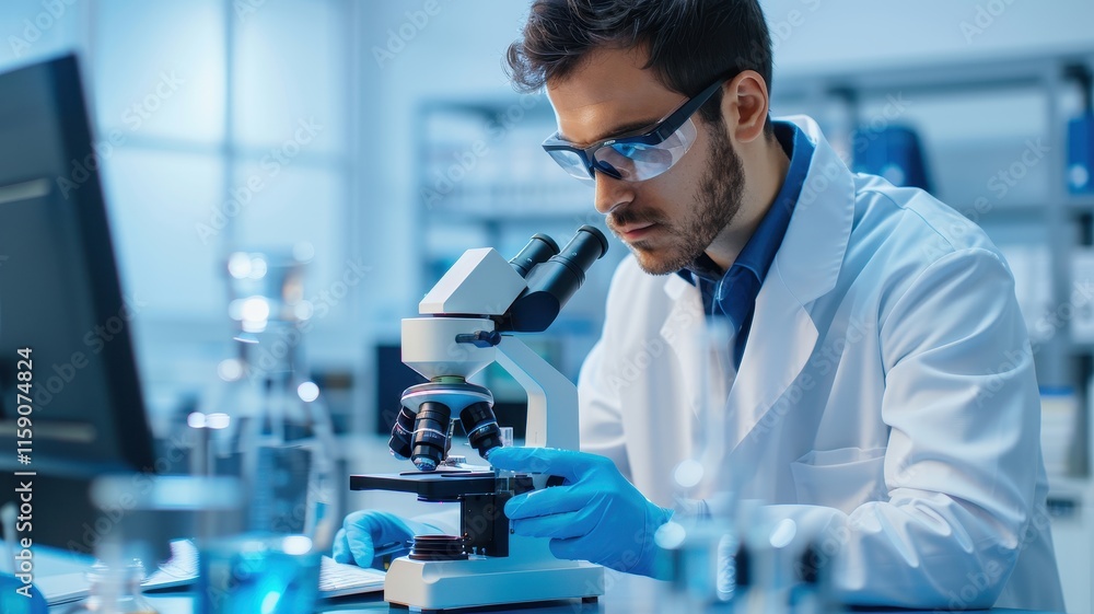 Poster a focused scientist in a lab coat examines samples under a microscope, surrounded by laboratory equi