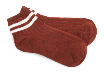 Pair of soft socks isolated on white, top view