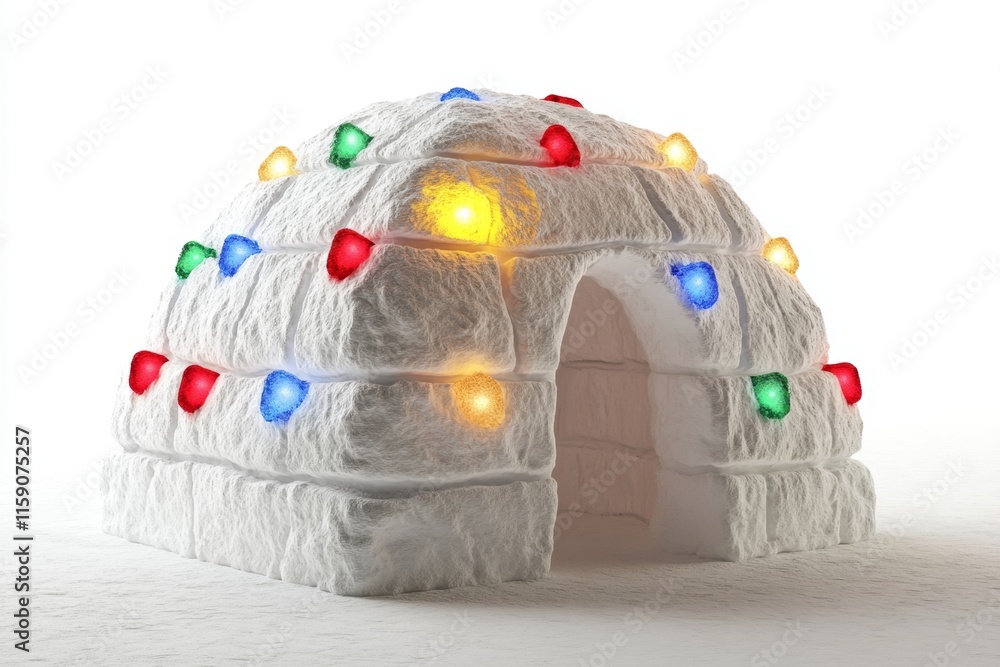 Poster a playful 2d cartoon of an igloo with colorful lights glowing from inside, set against a clean white