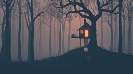 The goal of life is finding true fulfillment concept. A serene treehouse in the forest at dusk surrounded by trees.