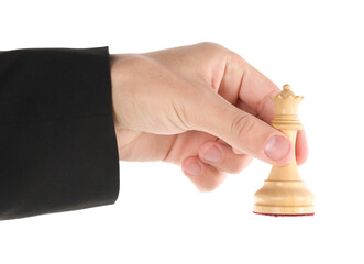 Man holding chess queen on white background, closeup. Competition concept