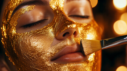 Golden facial mask application on woman, showcasing beauty and relaxation. close up highlights luxurious texture and shimmering effect of mask, creating serene atmosphere