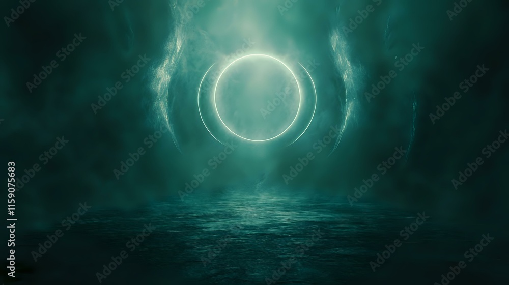 Poster abstract background in dark teal with misty gradients and glowing circles of light creating a myster