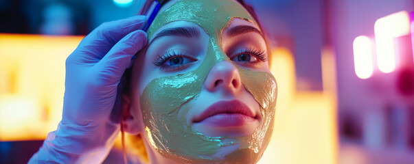 Obraz premium Professional beautician applying green clay mask on woman face, showcasing skincare treatment in vibrant salon environment. atmosphere is relaxing and rejuvenating
