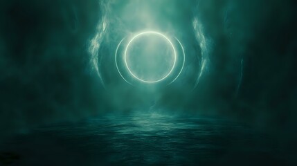 Abstract background in dark teal with misty gradients and glowing circles of light creating a mysterious and captivating effect