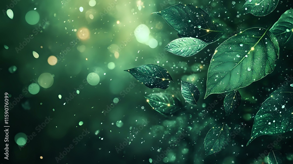 Poster abstract background in forest green with natural leaf-like patterns and glowing droplets evoking a l