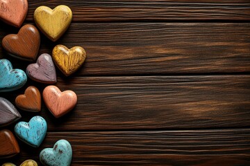 Colorful Wooden Hearts on Rustic Wood Background