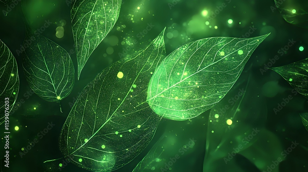 Poster abstract background in forest green with natural leaf-like patterns and glowing droplets evoking a l