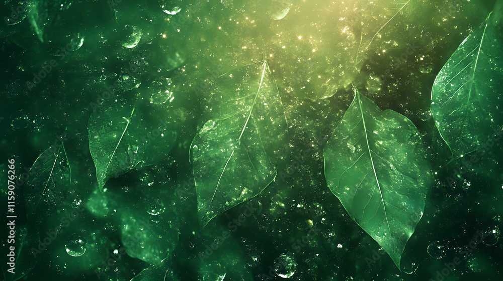 Poster abstract background in forest green with natural leaf-like patterns and glowing droplets evoking a l