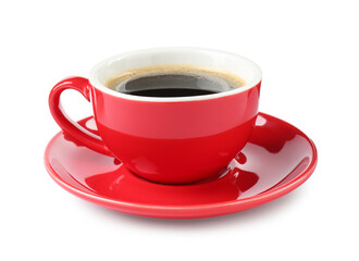 Red cup of aromatic coffee and saucer isolated on white