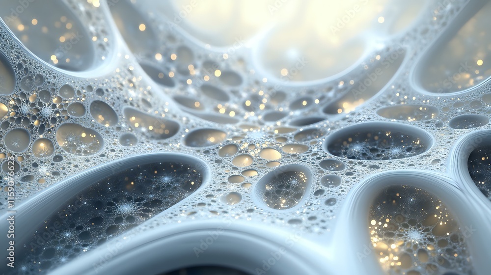 Poster abstract background in icy silver with fractal snowflake patterns and glowing frost particles creati