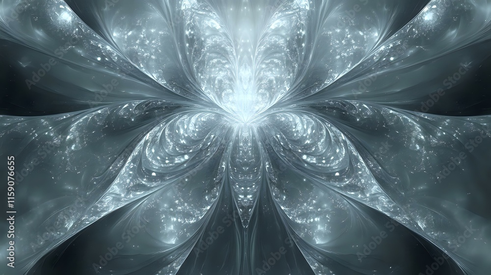 Poster abstract background in icy silver with fractal snowflake patterns and glowing frost particles creati