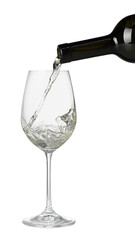 Pouring wine into glass on white background