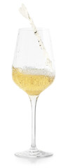 Tasty wine splashing in glass on white background