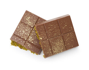 Pieces of tasty Dubai chocolate bar with pistachios and knafeh isolated on white, top view