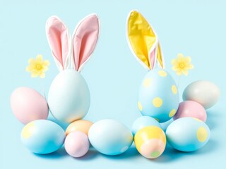 Top view photo of colorful Easter bunny ears and eggs on pastel blue background with copy space, blue, yellow, eggs