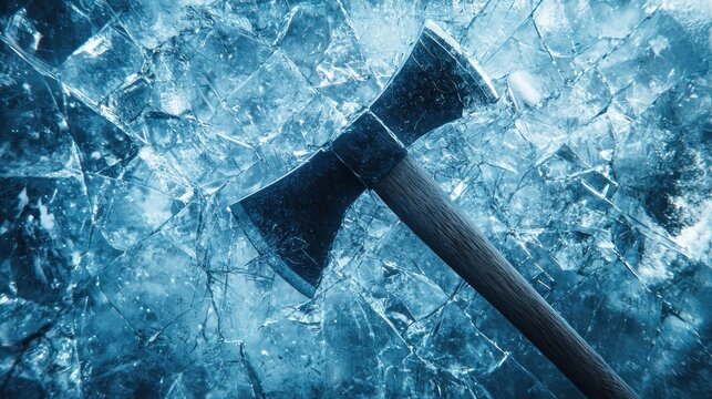 Axe embedded in cracked blue ice.