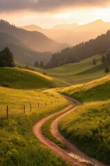 Winding Path Through Golden Hills at Sunset