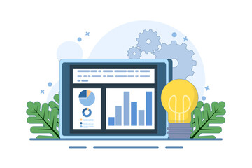 Business Graphics Report on Tablet and Bulb Idea. Business Intelligence Concept. Accurate information research, business intelligence and successful strategy planning. Flat Vector Illustration.