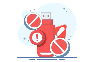 Obraz premium dangerous flashdisk or USB flash drive concept. flashdisk with exclamation mark. safety and security warning. be careful. icon or symbol. minimalist style design. vector illustration.