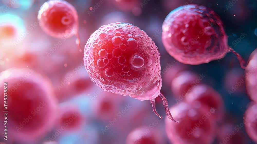 Poster microscopic view of cells with spherical structures in red and pink hues