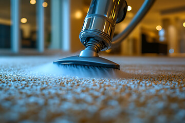 a steam cleaner nozzle deep-cleaning a beige carpet, releasing visible steam, symbolizing effective allergen removal and freshness