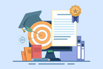 Online learning concept achieve educational goals in web environment beside computer screen with diploma. self development. Skills improvement. Flat vector illustration landing page template design.