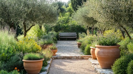 A charming Mediterranean garden with terracotta planters, olive trees, and a rustic pathway leading to a stone bench.