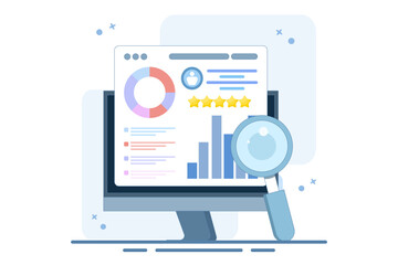 Business concept with online business report, Business data analysis, Big data for business, Data science, Business statistics and statements, Analytical dashboard. Flat vector illustration.