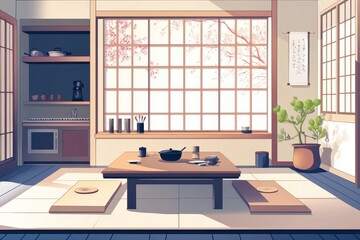 Serene Japanese Tea Room with Blooming Cherry Blossoms