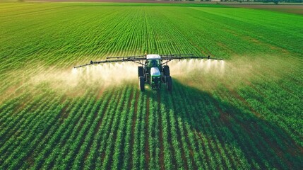 Tractor spray fertilizer on green field drone high angle view,.Fertilizers with toxicity need to be placed or sprayed with caution,agriculture background and agricultural technology concept.