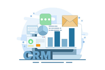 CRM concept for business, customer relationship management. Business uses CRM software to manage customers, Business analytics, CRM technology, vector illustration with icons on background.