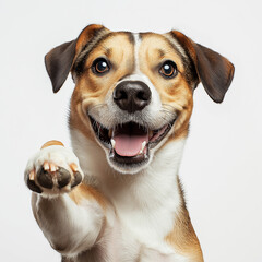 Happy smiling dog giving paw, jack russell terrier on white background