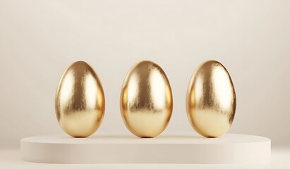 Fototapeta premium Easter podium background with golden eggs