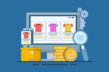 E-commerce business platform concept, e-commerce SEO strategy, online store promotion. Online shopping, e-commerce platform, digital marketing. Vector illustration with icons on background.