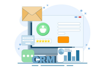 Fototapeta premium CRM concept for business, customer relationship management. Business uses CRM software to manage customers, Business analytics, CRM technology, vector illustration with icons on background.