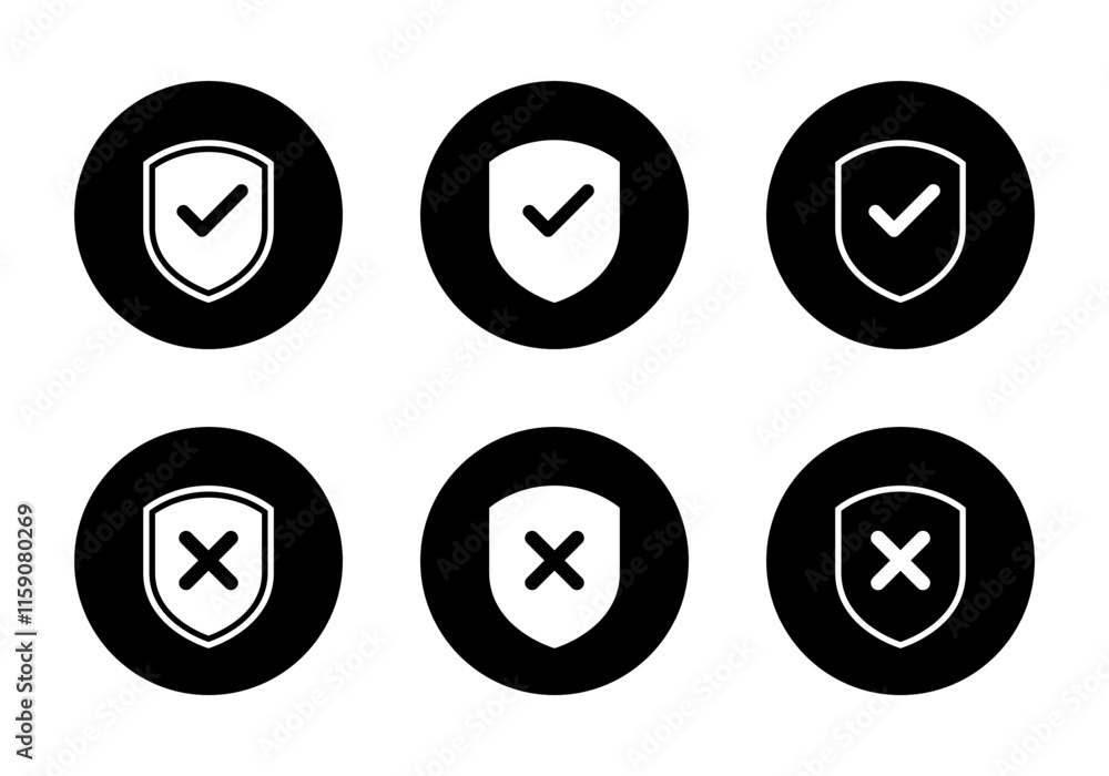 Poster shield check cross mark icon set collection on black circle