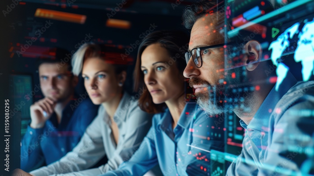Poster a focused team analyzes data on screens, showcasing collaboration and technology in a dynamic work e
