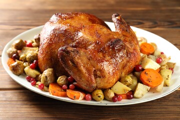 Delicious baked turkey, vegetables and cranberries on wooden table, closeup