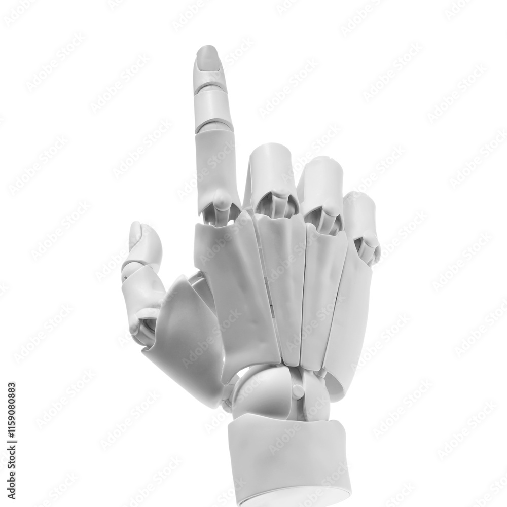 Poster artificial intelligence. robot hand pointing at something on white background