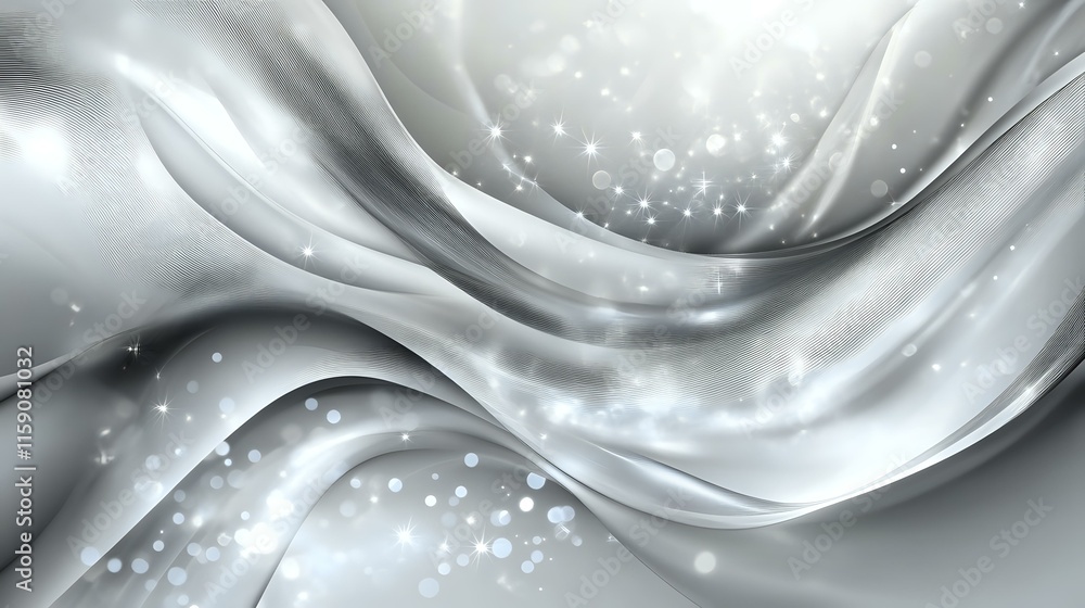 Poster abstract background in shimmering silver with radiating lines and sparkling light bursts creating a 
