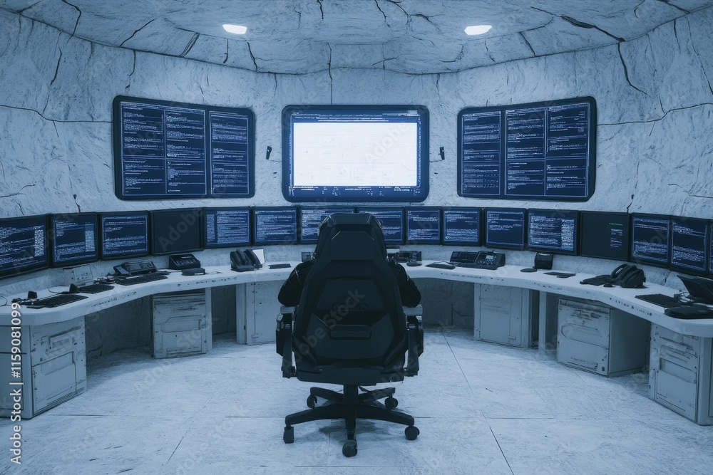 Poster A tech workspace with multiple screens displaying identity verification processes in a clean, futuristic environment